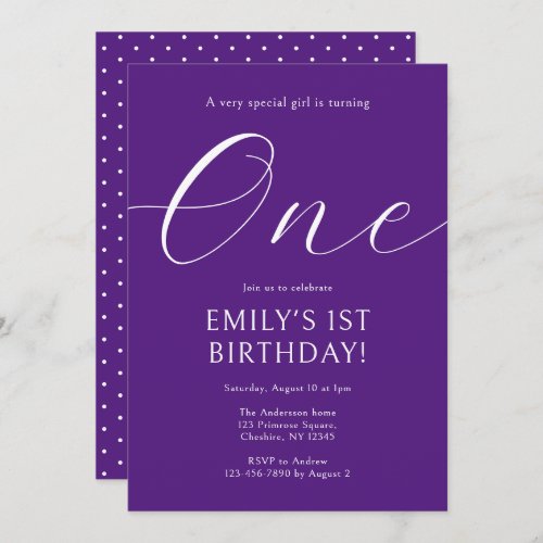 1st Birthday Girls Purple Simple One Year Old  Invitation