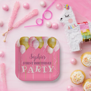 1st Birthday Girly Pink & Gold Balloon Birthday Paper Plates