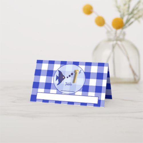 1st Birthday Gold Foil Balloon Blue Gingham Fish Place Card
