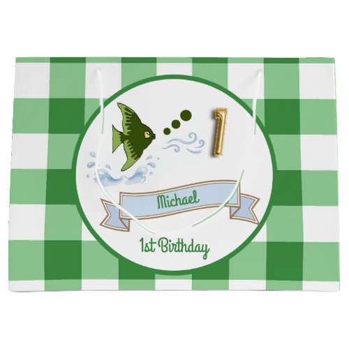 1st Birthday Gold Foil Balloon Green Gingham Fish Large Gift Bag