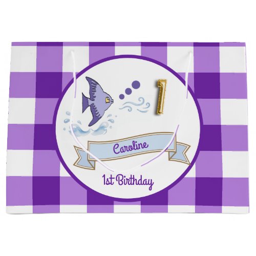 1st Birthday Gold Foil Balloon Purple Gingham Fish Large Gift Bag