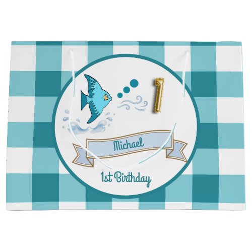 1st Birthday Gold Foil Balloon Teal Gingham Fish Large Gift Bag