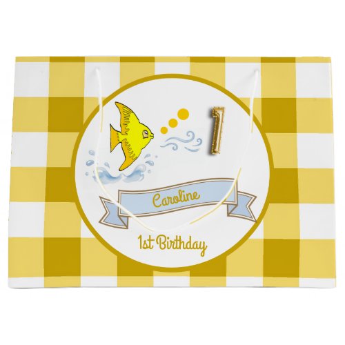 1st Birthday Gold Foil Balloon Yellow Gingham Fish Large Gift Bag