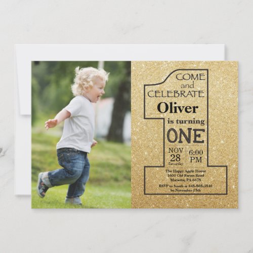 1st Birthday Gold Glitter and Black Photo Invitation