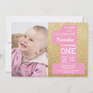 1st Birthday Gold Glitter and Pink Photo Invitation