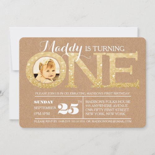 1st Birthday Gold Glitter One Photo Invitation Custom Announcement