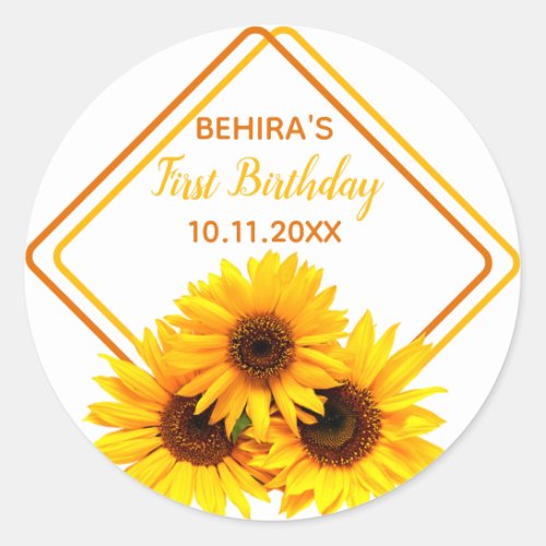 1st Birthday Gold round stickers sunflowers