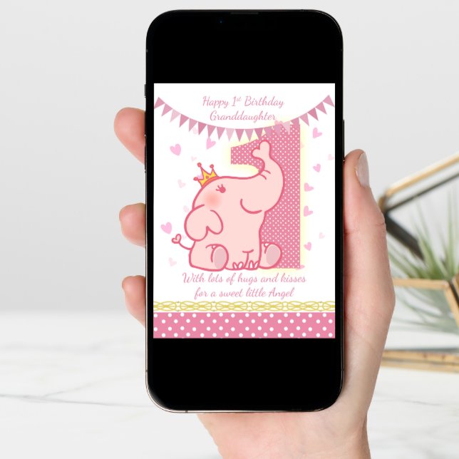 1st Birthday Granddaughter, Pink Elephant Card (Front Digital)
