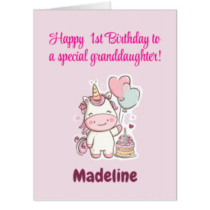 1st Birthday Granddaughter with Message, Unicorn Card