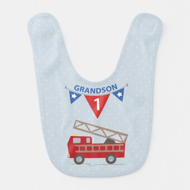 1st Birthday Grandson, Firetruck Baby Bib (Front)