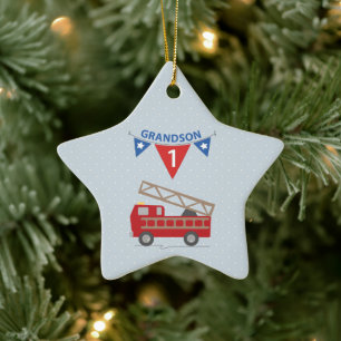 1st Birthday Grandson, Firetruck Ceramic Ornament