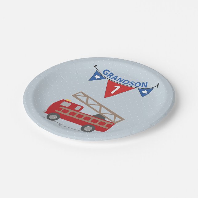 1st Birthday Grandson, Firetruck Paper Plates (Angled)
