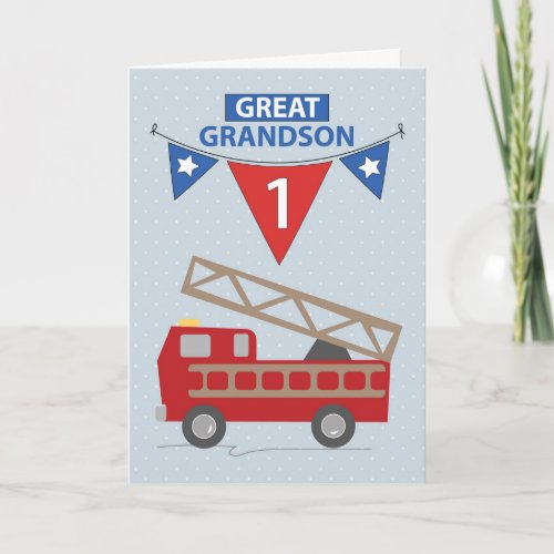 1st Birthday Great Grandson Firetruck Card