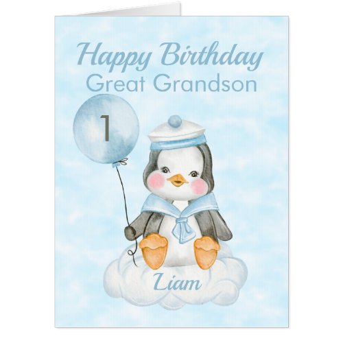 1st Birthday Great Grandson Penguin Blue Jumbo Card