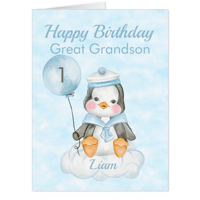 1st Birthday Great Grandson Penguin Blue Jumbo Card (Front)