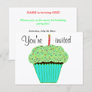 1st Birthday Green Cupcake Any AGE Invitation