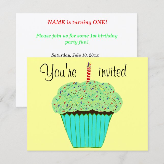 1st Birthday Green Cupcake Invitation CUSTOMIZE (Front/Back)
