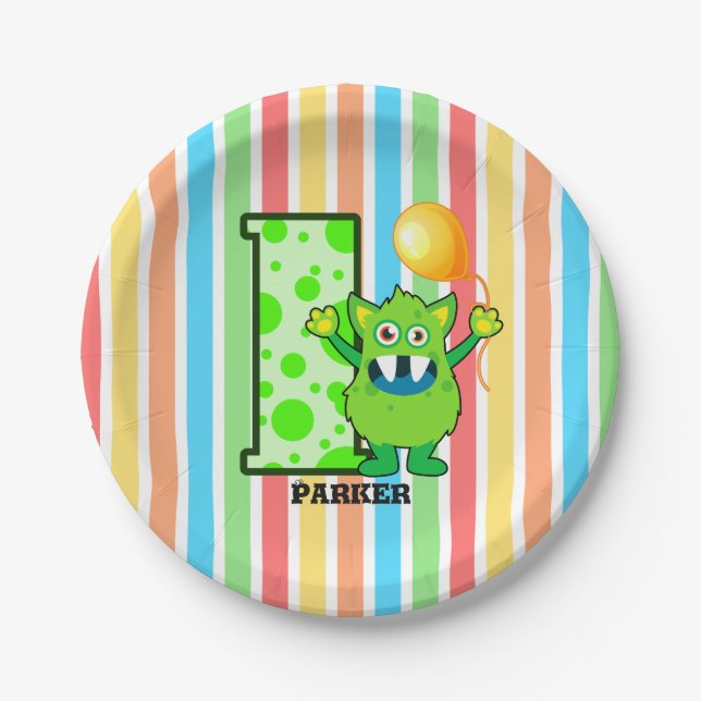 1st Birthday Green Monster Custom Paper Plates (Front)