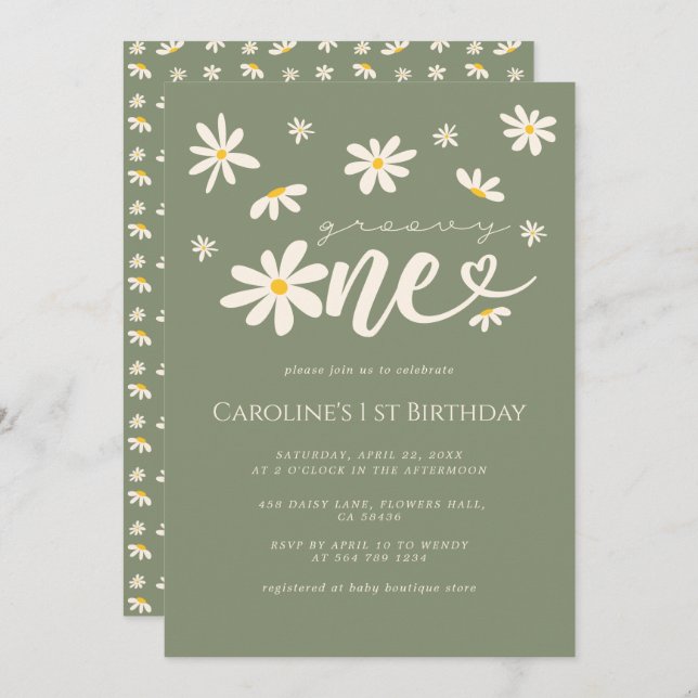 1st Birthday Groovy One Daisy Green Boho  Invitation (Front/Back)