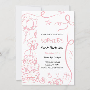 1st Birthday Hand Drawn Invitation, Birthday Invitation
