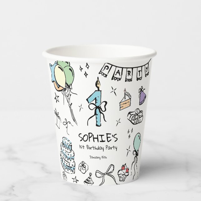  1st Birthday Hand Drawn Paper Cups (Front)