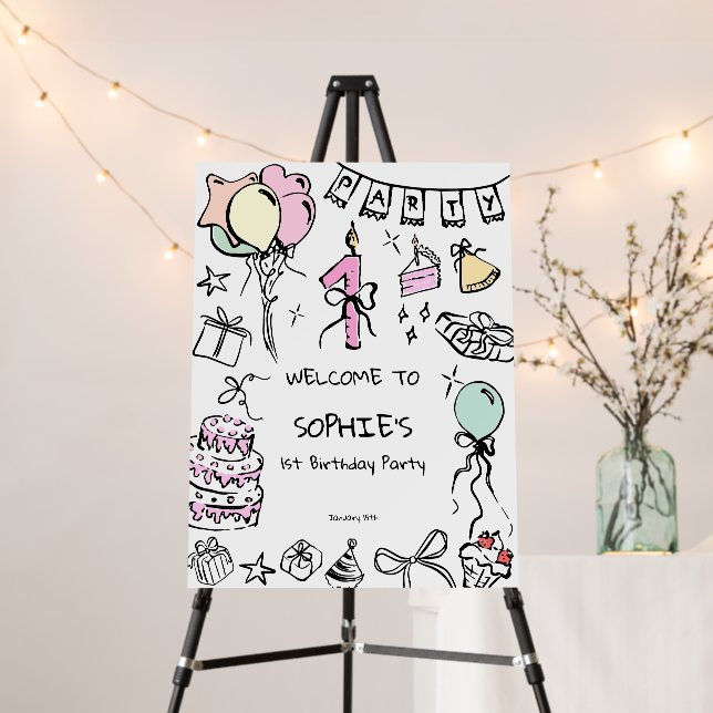  1st Birthday Hand Drawn Welcome Sign  (In Situ (Stand))