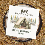 1st Birthday Happy Camper Kids Birthday Party Napkins<br><div class="desc">Fun neutral themed camping birthday kids party. 
Great for any season. Let's build something fun for your little one on their birthday! Custom,  personalized,  editable electronic download
watercolor tent,  trees,  woodland,  compass,  adventure begins,  happy camper</div>