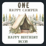 1st Birthday Happy Camper Kids Birthday Party Square Sticker<br><div class="desc">Fun neutral themed camping birthday kids party. 
Great for any season. Let's build something fun for your little one on their birthday! Custom,  personalized,  editable electronic download
watercolor tent,  trees,  woodland,  compass,  adventure begins,  happy camper</div>