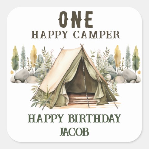 1st Birthday Happy Camper Kids Birthday Party Square Sticker