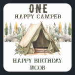 1st Birthday Happy Camper Kids Birthday Party Square Sticker<br><div class="desc">Fun neutral themed camping birthday kids party. 
Great for any season. Let's build something fun for your little one on their birthday! Custom,  personalized,  editable electronic download
watercolor tent,  trees,  woodland,  compass,  adventure begins,  happy camper</div>
