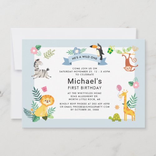 1st Birthday Hes A Wild One Jungle Safari Animals Invitation