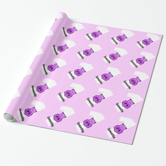 1st Birthday HIPPO One Year Old Custom Girl Name Wrapping Paper (Unrolled)