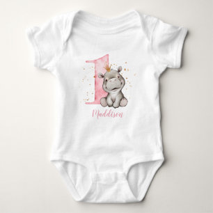 1st Birthday Hippo Princess Baby Bodysuit