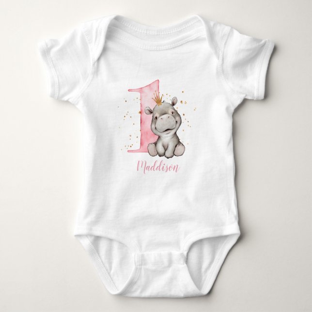 1st Birthday Hippo Princess Baby Bodysuit (Front)
