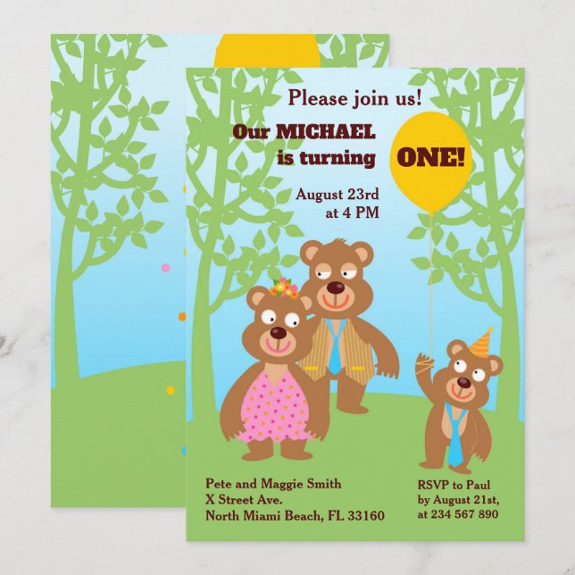 1st Birthday Honey Bear Family Party Invitation (Front/Back)