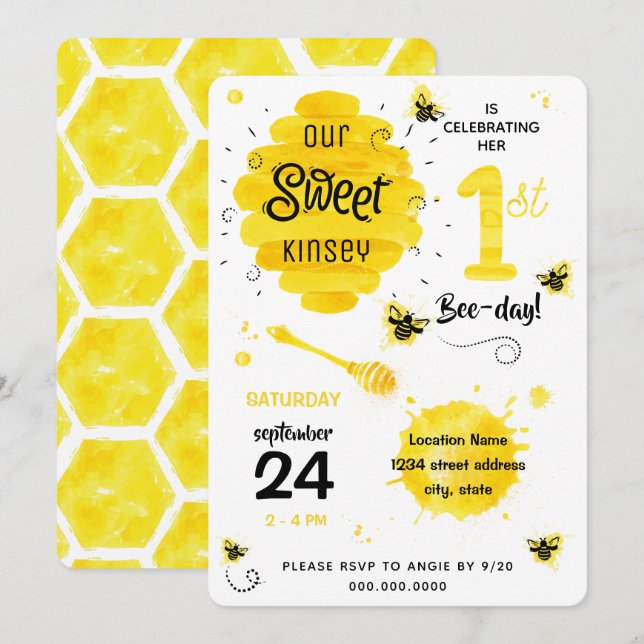 1st birthday honey bee bee-day party invitation (Front/Back)