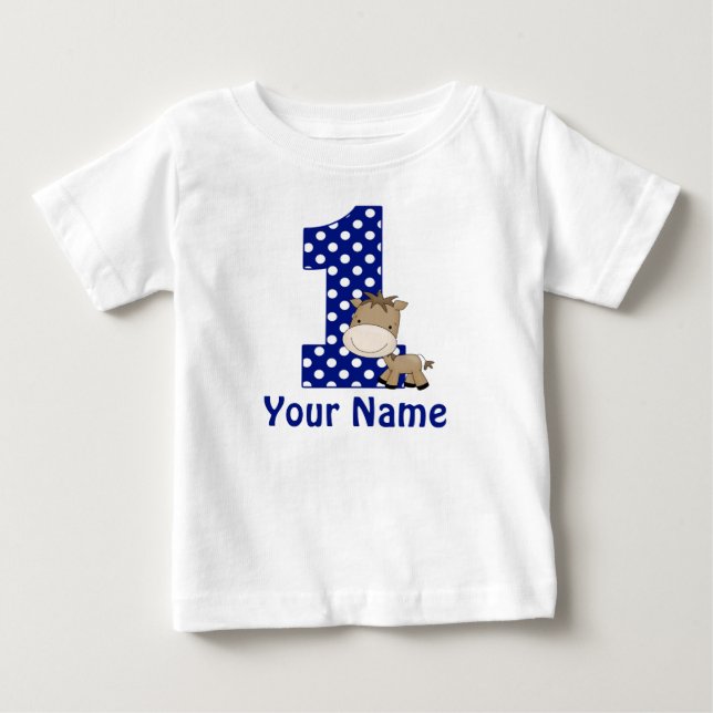 1st Birthday Horse Blue Personalized Baby T-Shirt (Front)