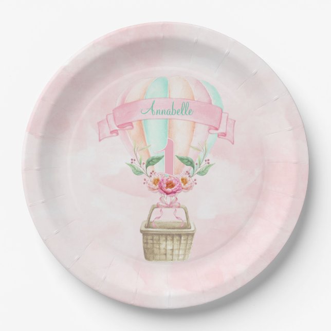 1st Birthday Hot Air Balloon Mint Pink Peach Paper Plates (Front)