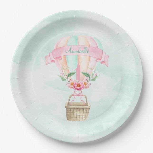 1st Birthday Hot Air Balloon Mint Pink Peach Paper Plates (Front)