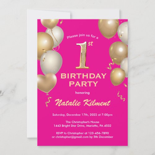 1st Birthday Hot Pink and Gold Glitter Balloons Invitation