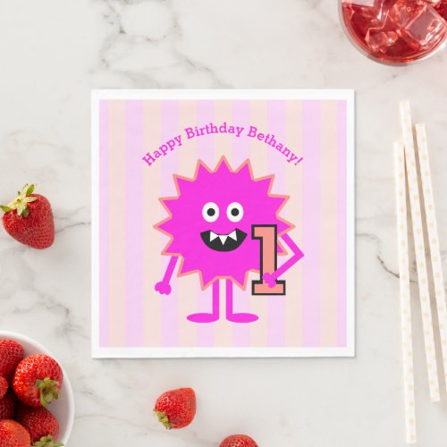 1st Birthday Hot Pink Girl Monster Cute Bold Fun Napkins