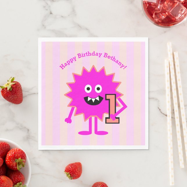 1st Birthday Hot Pink Girl Monster Cute Bold Fun Napkins (Insitu)