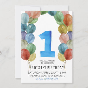 1st Birthday Invitation, 1st Birthday Boy, ballons Invitation