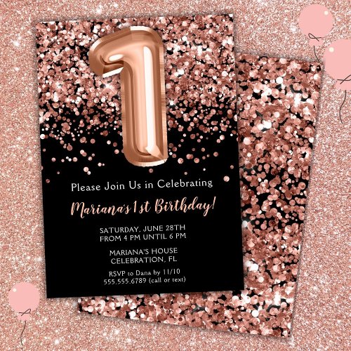 1st Birthday Invitation Black Rose Gold Glitter