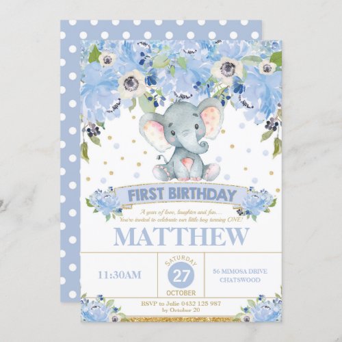 1st Birthday Invitation Boy Cute Elephant Blue