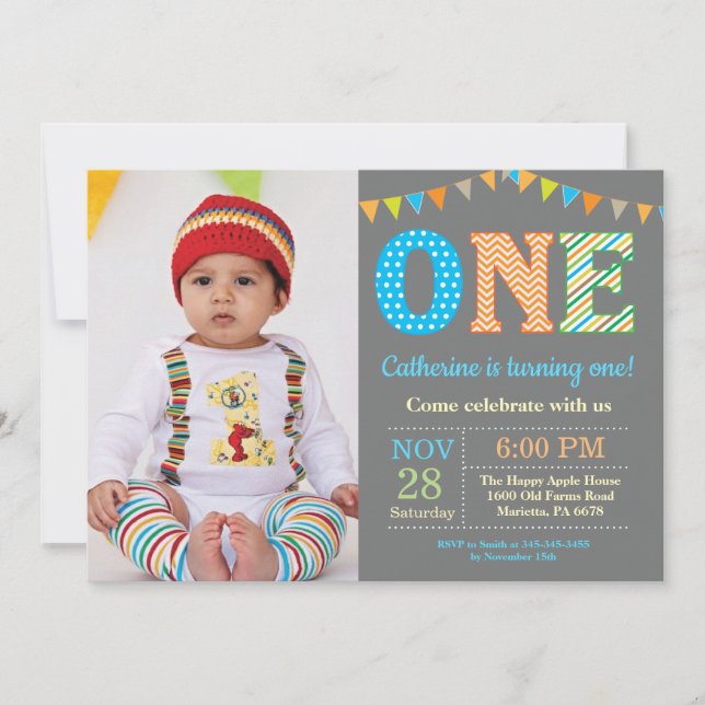 1st Birthday Invitation. Boy First Birthday Photo Invitation (Front)