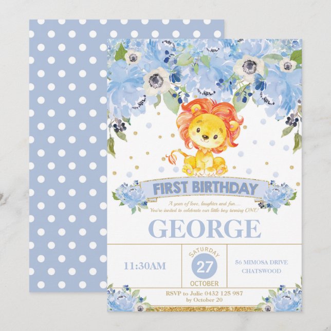 1st Birthday Invitation Boy Lion Blue Floral (Front/Back)
