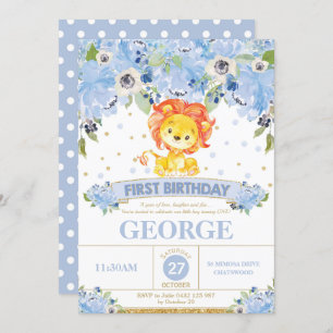 1st Birthday Invitation Boy Lion Blue Floral
