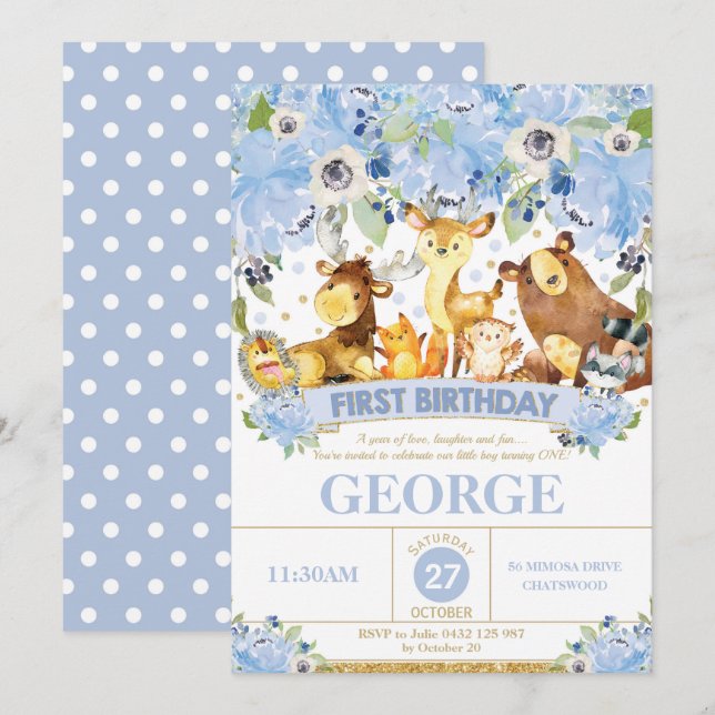 1st Birthday Invitation Boy Woodland Animals Blue (Front/Back)