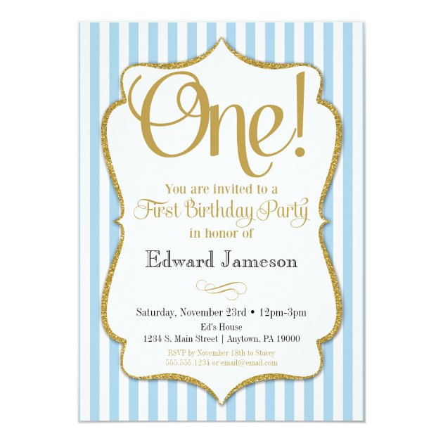 1st Birthday Invitation Boys First Blue Gold